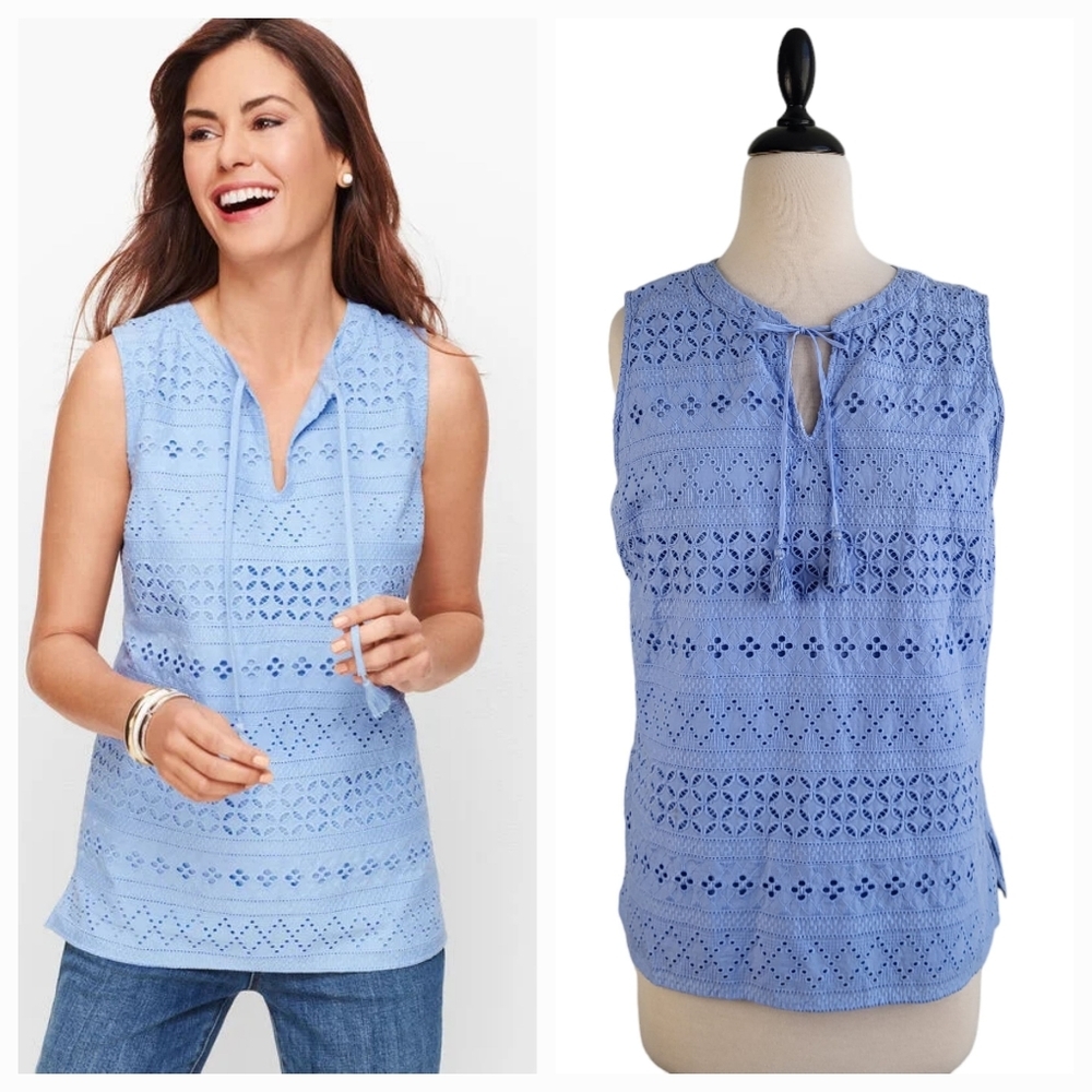 Talbots Tie Neck Eyelet Shell Lined Tassel Sleeveless Blouse Top Blue Large mc